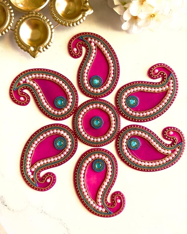 Handcrafted Acrylic Rangoli Set – Mango Leaf Design with Stones