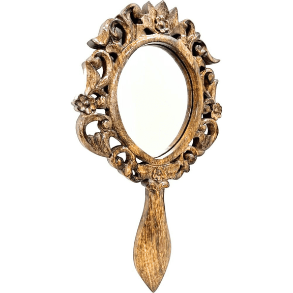 Handcrafted Antique Wooden Hand Held Mirror with Handle Small Oval Shape Plain HD Dressing Table Bathroom Accessory Face Cosmetic Makeup Portable Travel Mirror Decorative Tabletop