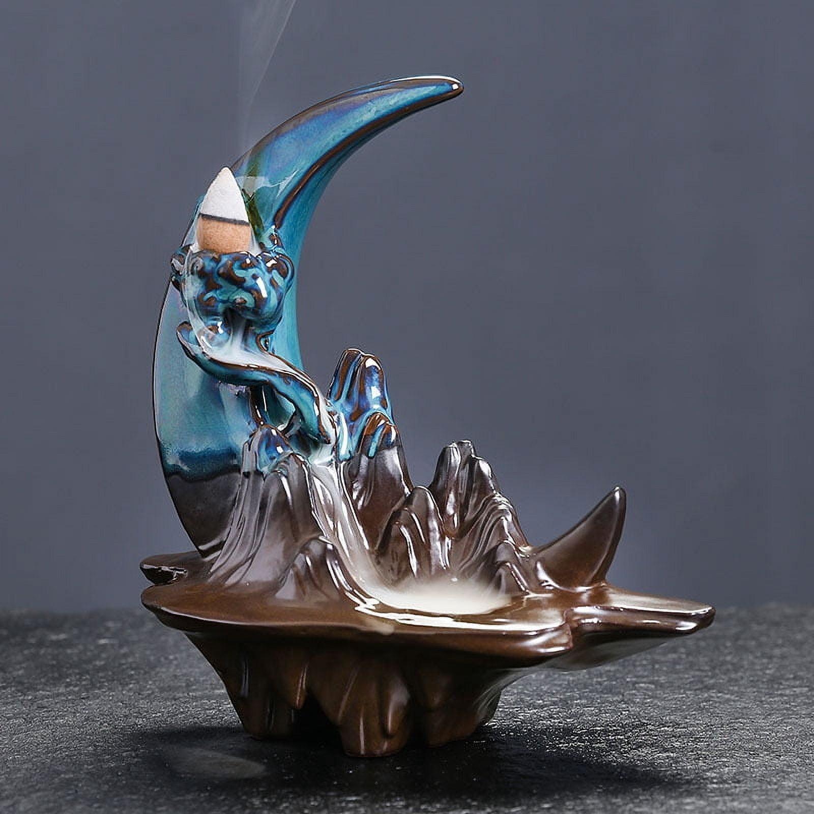 Handcrafted Backflow Incense Burner Smoke Waterfall Ceramic Moon-Shaped Incense Holder Creative Reflux Aroma Incense Holder Home Decor