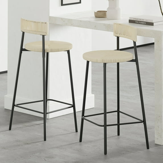 Counter Height Bar Stools Set of 2 Handwoven Paper Rope BarStools Boho Round Dining Pub Chairs for Kitchen Island (Black & Creamy White)