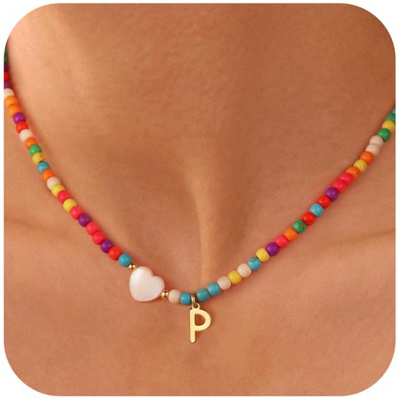 Handcrafted Beach Style Letter Necklace For Women Delicate Turquoise Beaded Chokers Jewelry With Shell Accents