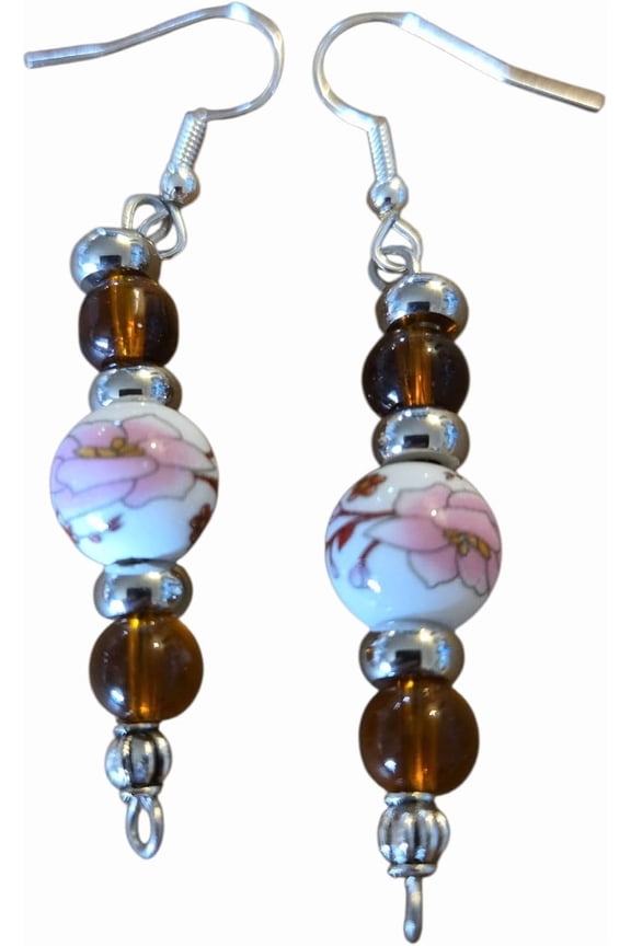 Handcrafted Beaded Dangle Earrings, Pink and Brown Glass Beads with Silver Accents, Floral Pattern[e333]