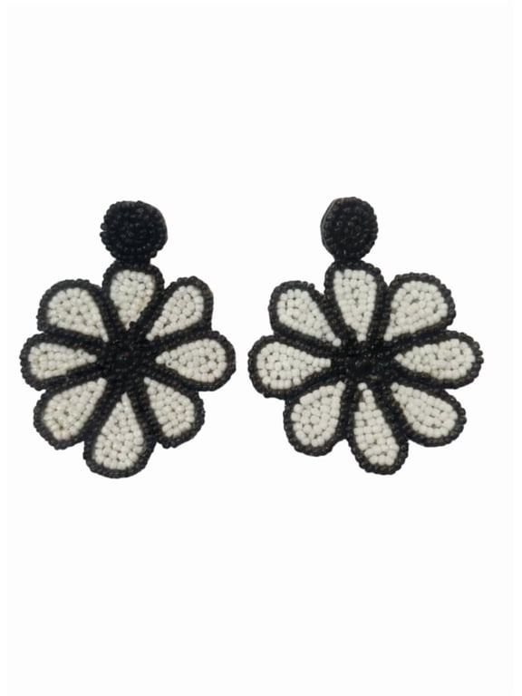 QRIXLOOM Black Beaded Flower Earrings Handcrafted Alloy Artificial Beads Lightweight Jewelry for Women