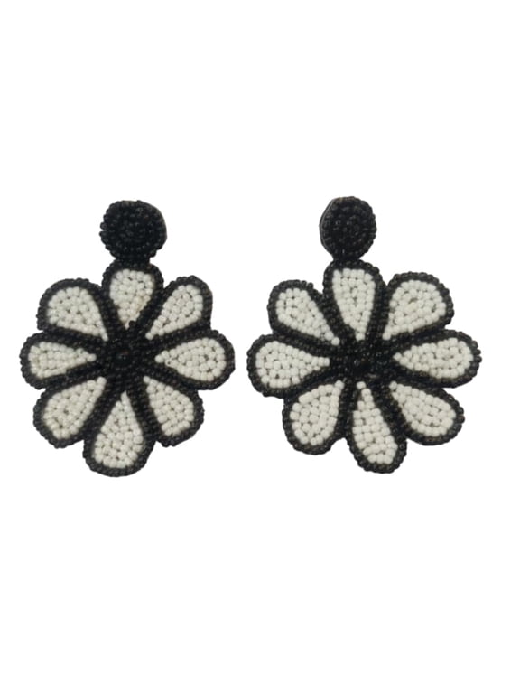 QRIXLOOM Handcrafted Black Beaded Flower Earrings for Women Alloy Artificial Bead Statement Earrings Lightweight Boho Chic Jewelry
