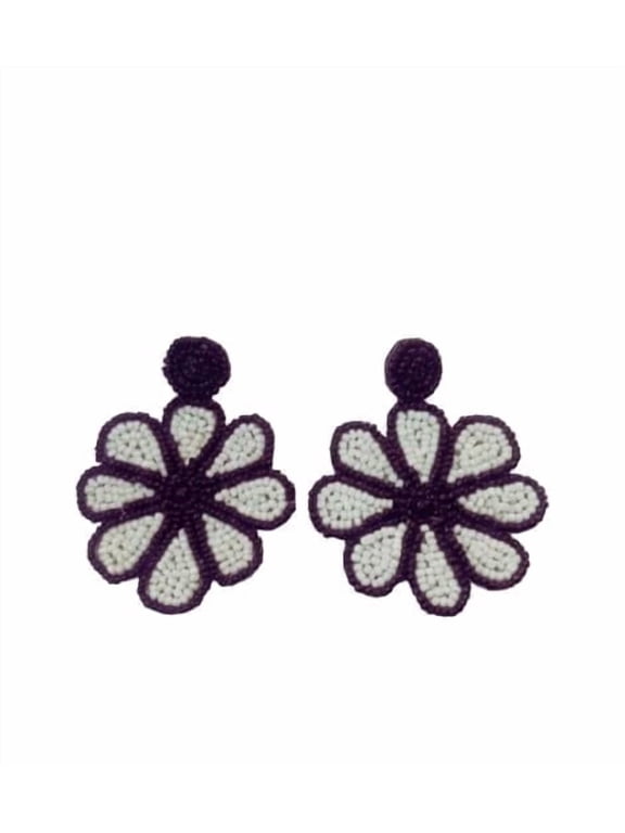 QRIXLOOM Handcrafted Beaded Flower Earrings for Women Purple Alloy Artificial Bead Statement Earrings Lightweight Boho Chic Jewelry