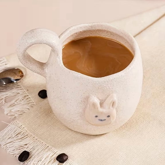 Handcrafted Beige Stoneware Bunny Mug Unique Rabbit Coffee Tea Cup for Home Office Daily Use