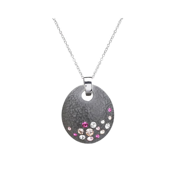 Handcrafted Black Lucite Disk Pendant Necklace with Colorful Crystals on a Silver Chain