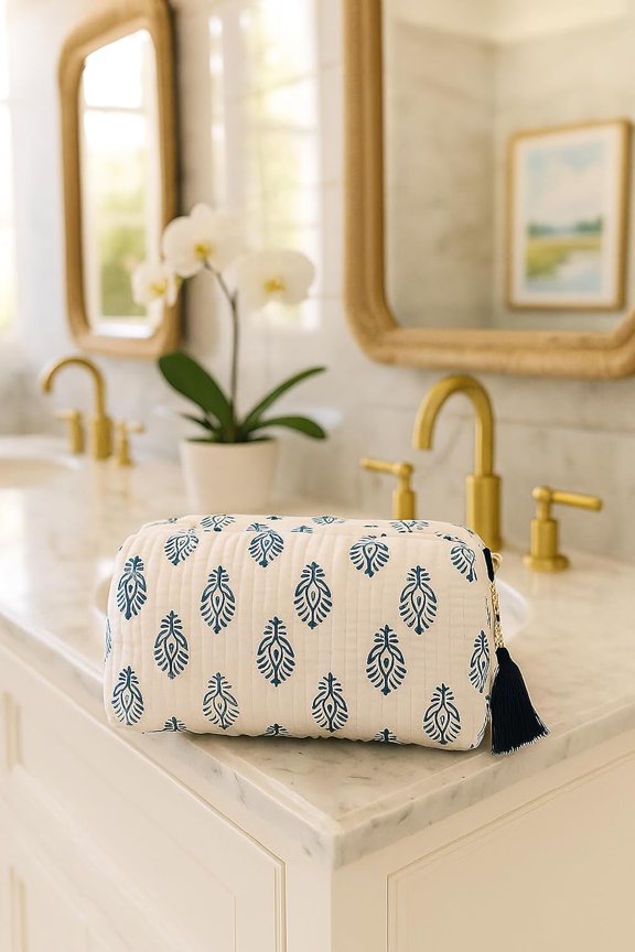 Handcrafted Block-Print Makeup Bag & Toiletry Pouch Handmade Cotton Artisan Cosmetic Travel Case, Gift-Worthy Organizer for Women (Blue & White Boho)