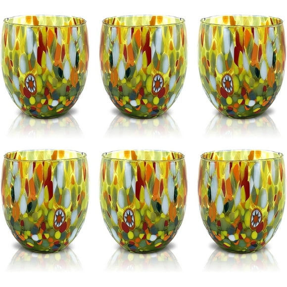 Handcrafted Blown Glass Water Glasses with Murano Murrine, Artisan Drinkware Set for Elegant Dining and Gifting.