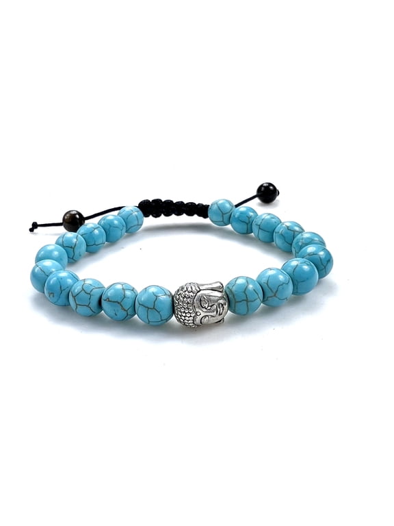Blue Created Turquoise Gemstone Buddha Charm ,Macrame Style Adjustable Bracelet