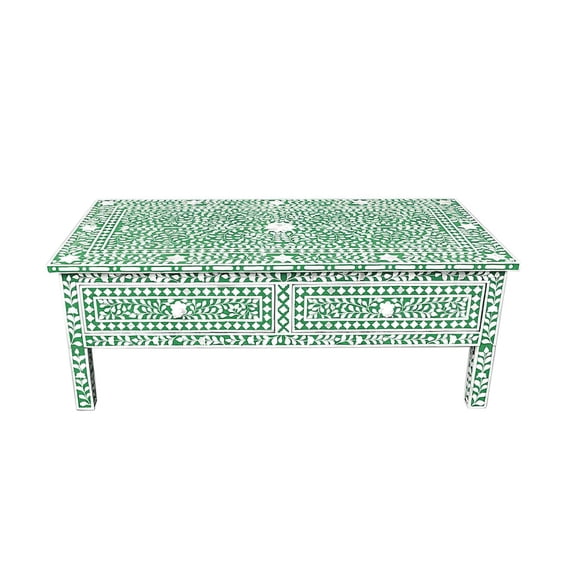 Handcrafted Bone Inlay Coffee Table – Rectangular Floral Design in Black, Grey, or Green