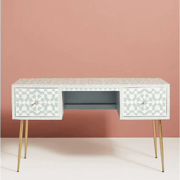 Handcrafted Bone Inlay Console Table – Colorful Stripes & Brass Legs | Modern Hallway or Living Room Furniture