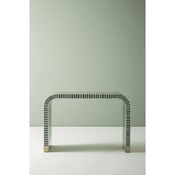 Handcrafted Bone Inlay Console Table with Brass Base – Striped Navy and White Pattern, Modern Entryway Accent Table