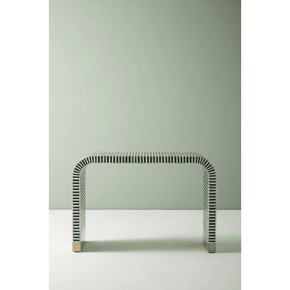 Handcrafted Bone Inlay Console Table with Brass Base – Striped Navy and White Pattern, Modern Entryway Accent Table