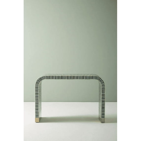 Handcrafted Bone Inlay Console Table with Brass Base – Striped Navy and White Pattern, Modern Entryway Accent Table