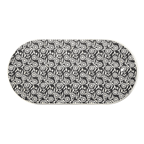Handcrafted Bone Inlay Oval Coffee Table – Romantic Floral Design in Black and Off-White with Cream Border