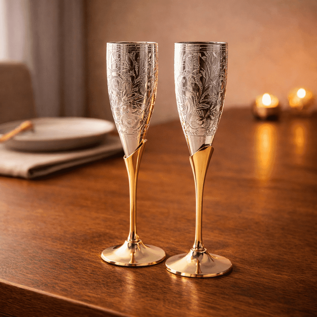 Handcrafted Brass Champagne Flute/Wine Glasses (Set of 2) – Valentine's Day Gift Set