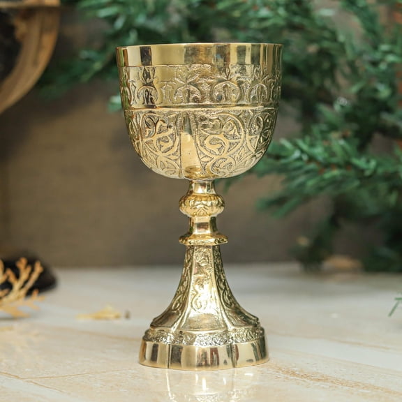 Handcrafted Brass Goblet Chalice  Etched Vintage Decorative Wine Cup for Home Dcor