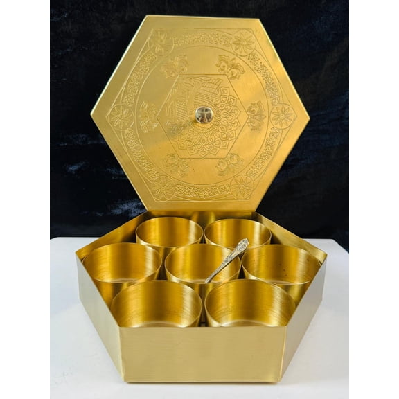 Handcrafted Brass Masala Box with 7 Containers | Traditional Indian Spice Box for Kitchen & Gifting