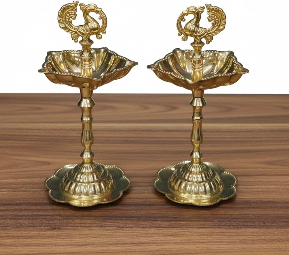Handcrafted Brass Peacock Oil Lamps – 7" Traditional Home Décor & Temple Lighting