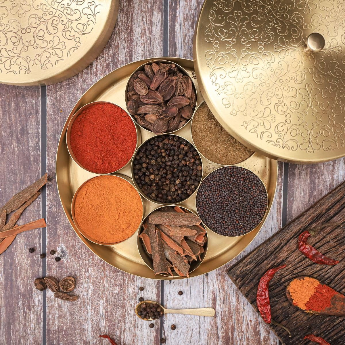 Handcrafted Brass Spice Box with Embossed Lid|Seasoning Container |7 ...