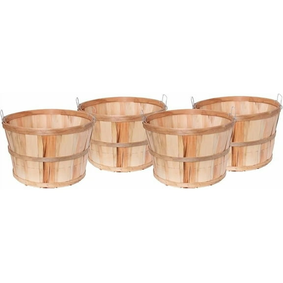 Handcrafted Bushel Baskets, Vintage Style USA Made Poplar Wood with Wire Handles, 11.75 x 17.75 inches, Set of 4