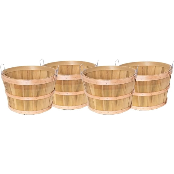 Handcrafted Bushel Baskets, Vintage Style USA Made Poplar Wood with Wire Handles, 11.75 x 17.75 inches, Set of 4