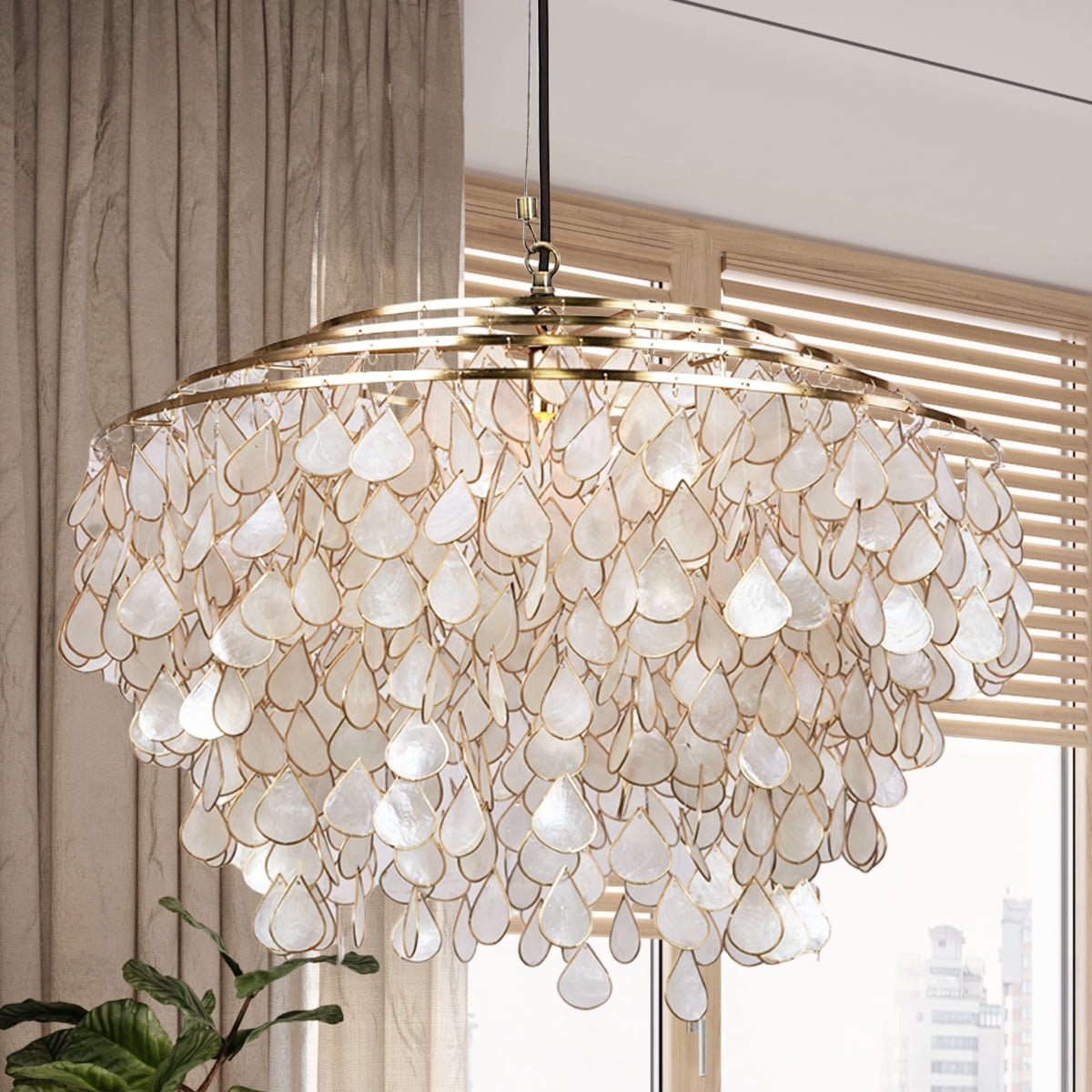 Handcrafted Capiz Shell Brass finish Chandelier , Versatile sizing Artisanal , light fixtures for dining room , living room chandlier , ceiling lamp for bedroom