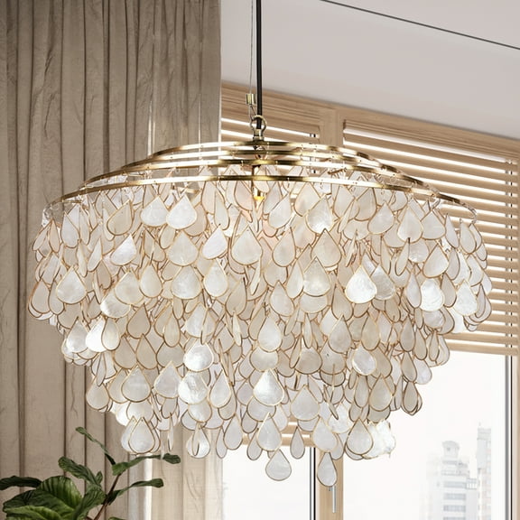 Handcrafted Capiz Shell Brass finish Chandelier , Versatile sizing Artisanal , light fixtures for dining room , living room chandlier , ceiling lamp for bedroom