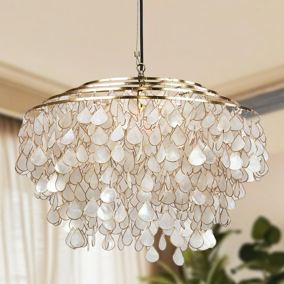 Natural Round Teardrop Capiz 27.5 Inch Diam Chandelier with Iron Frame, Polished Brass Finish Ceiling Lamp, Elegant Design Ceiling Light above Tub, for Bedroom, Living Room