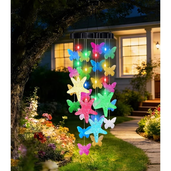 Handcrafted Capiz Shell Butterfly Solar Wind Chimes for Outdoor Home Garden Yard Memorial Decor
