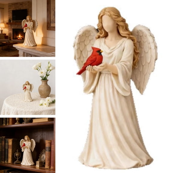 Handcrafted Cardinal & Angel Memorial Statues–A Symbol of Love, Peace and Remembrance, Angel Cardinal Figurines, Serene Ivory Figurine with Red Cardinal Accent, Home Mantel Decor & Sympathy Gift