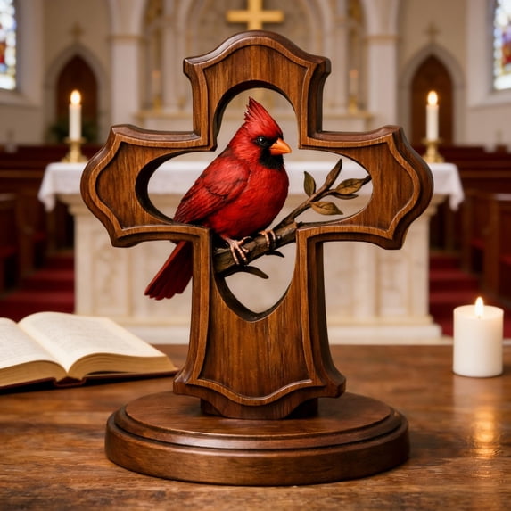 Handcrafted Cardinal Cross Ornament, Red Birds Decoration Easter Ornaments, Wooden Memorial Gift with Crimson Cardinal ranch Design for Bereavement Sympathy for Home, Office, or Church Decor