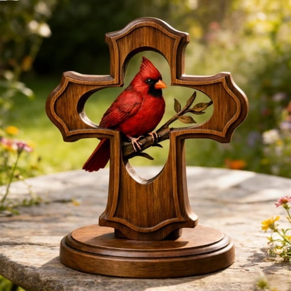 Handcrafted Cardinal Cross Ornament, Wooden Memorial Gift with Crimson Cardinal and Olive Branch Design for Bereavement Sympathy, Cardinal Gifts Religious Faith Home Decor,Red
