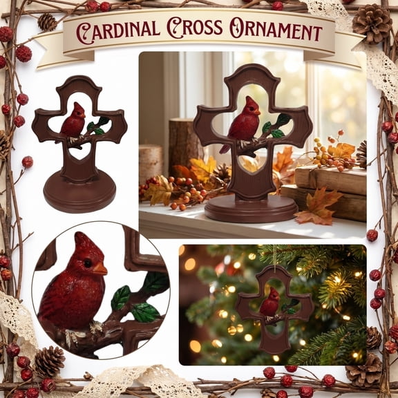 Handcrafted Cardinal Cross Ornament, Wooden Memorial Ornament with Crimson Cardinal and Olive Branch Design Cardinal Gifts Religious Faith Home Decor 4.92 Inch