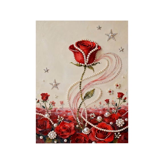 Handcrafted Cartoon Pearl Rose Wall decor, 1 Canvas Painting Base with 1 Pearl Pack, Textured Floral Canvas Wall Art for Living Room, Aesthetic Accent for Bedroom office Spaces