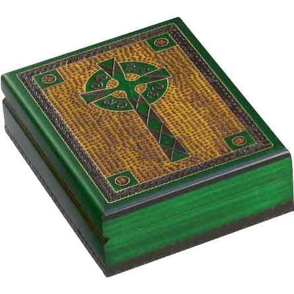 Handcrafted Carved Wood Green Celtic Cross Box QGM16125