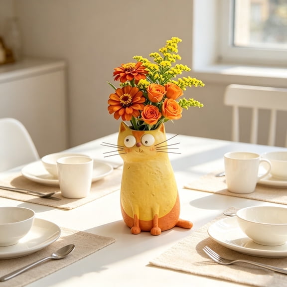 Handcrafted Cat Modeling Vase,Cat Shaped Resin Planter,Fun Home Decor for Small Flowers,Boho Desk Shelf Decor,Unique Gift for Cat Lovers 