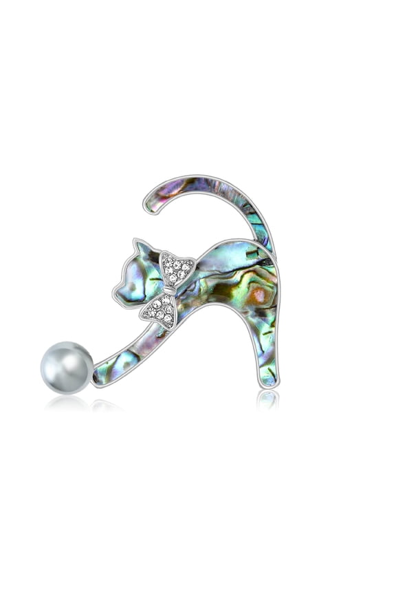 Handcrafted Cat-Shaped Lapel Pin Featuring Natural Shell & Rhinestones, Lightweight Formal/Casual Accessory