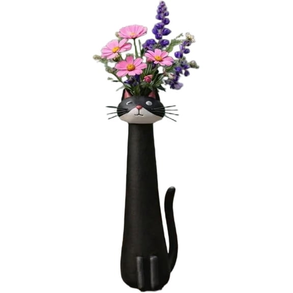 Handcrafted Cat Vase, 7.5 Inch Whimsical Kitty Planter, Funny Resin Flower Vase for Desk Shelf, Unique Gift for Cat Lovers, Boho Home Decor(A)