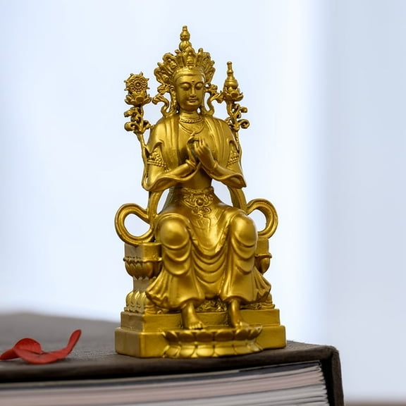 Handcrafted Celestial Crown Maitreya Buddha Statue Golden Brass 3.03in Joy & Resilience Perfect Gift for Altar