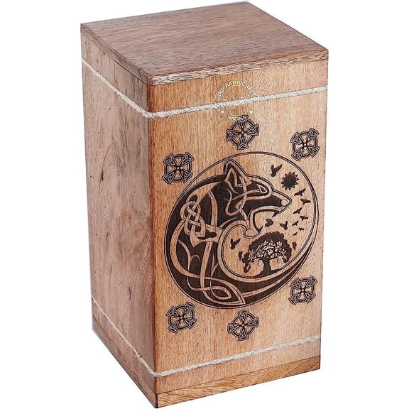 Handcrafted Celtic Cross Wooden Urns for Human Ashes Adult Large - Dove Cremation Urn for Ashes - Burial Urn for Columbarium - Funeral Urn Box (250 LB - Hardwood, Wolf)