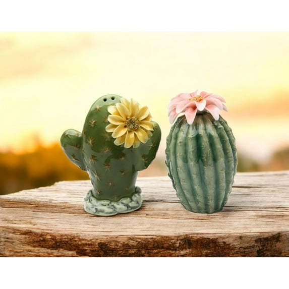 Handcrafted Ceramic Cactus Salt and Pepper Shakers with Flowers Gift