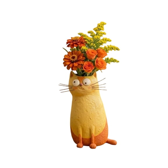 Handcrafted Ceramic Cat Vase, 3D Cartoon Quirky Cat Shaped Flower Vase, 5.12*2.76Inch Funny Kitten Planter Cute Animal Decorative Flower Pot Spring Decor for Home Office Bookshelf Desktoop.Yellow