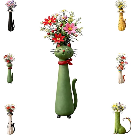 Handcrafted Ceramic Cat Vase, Whimsical Kitty Planter for Small Flowers, Boho Desk Shelf Decor, Unique Gift for Cat Lovers (Dark Green)