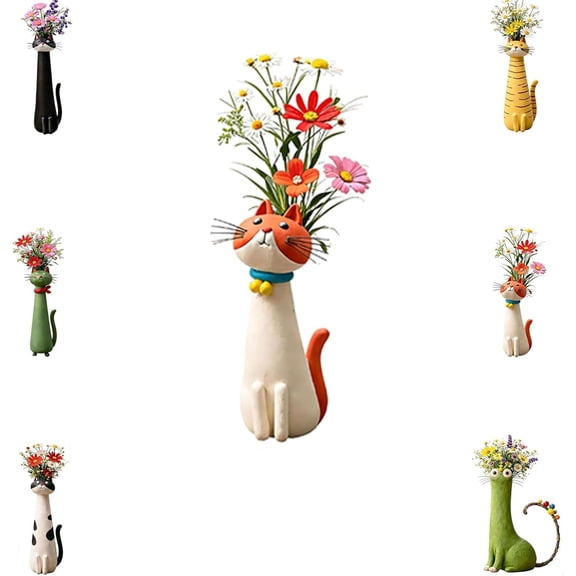 Handcrafted Ceramic Cat Vase, Whimsical Kitty Planter for Small Flowers, Boho Desk Shelf Decor, Unique Gift for Cat Lovers(Orange)