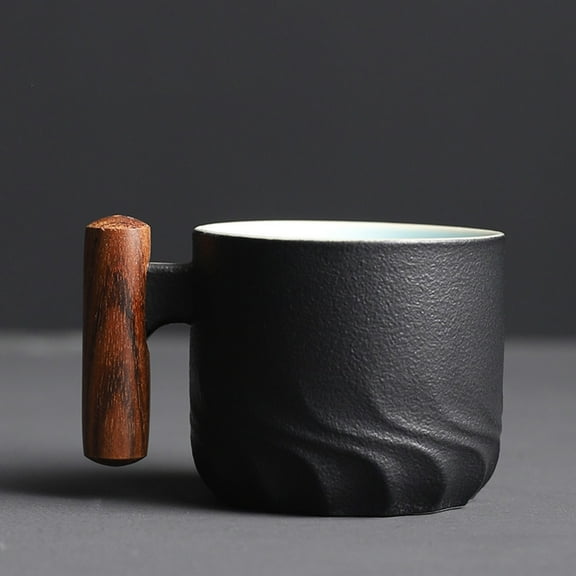 Handcrafted Ceramic Coffee Mug 10oz, Wooden Handle Cup with Gradient Glaze for Tea & Home Decor