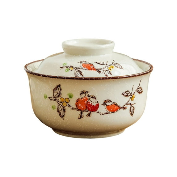 Handcrafted Ceramic Covered Ramen Bowl Floral Pattern Microwave Oven Safe Spill Proof Design for Soup Noodles Container
