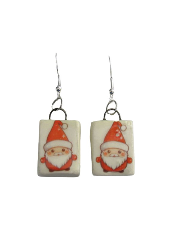 Handcrafted Ceramic Dangle Earrings with Santa's Face on white rectangles