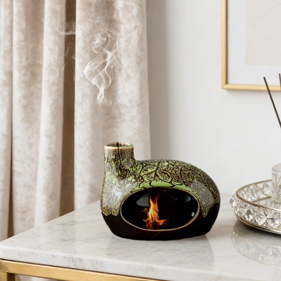 Handcrafted Ceramic Incense Burner with Chimney & Ash Catcher for Palo Santo Sticks Incense Cones Aromatherapy Home Room Office Table Decoration,Green